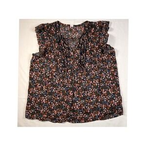 Old Navy Womens L Navy Floral Ruffle‎ Trim Sleeveless V Neck Blouse